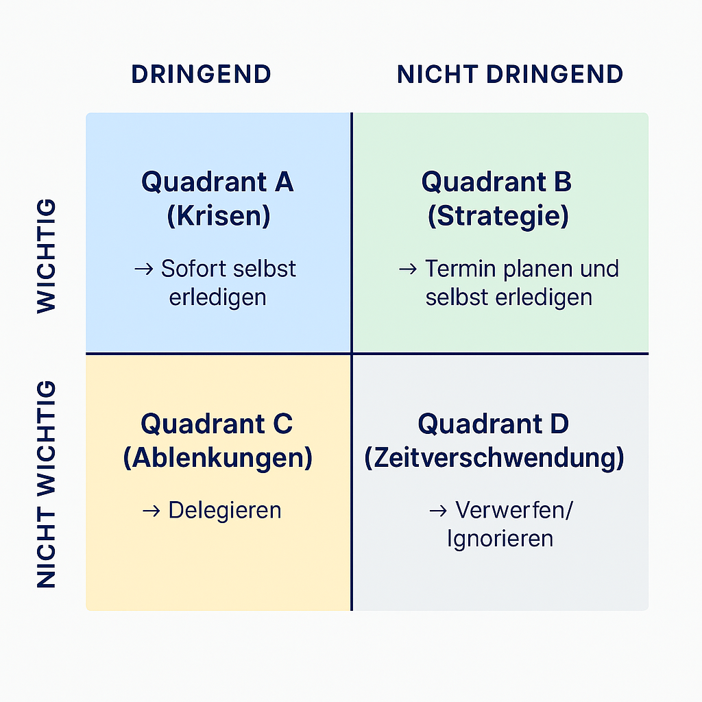 Eisenhower-Matrix: 4-Felder-Matrix mit Quadrant A (Krisen - Sofort selbst erledigen), Quadrant B (Strategie - Termin planen), Quadrant C (Ablenkungen - Delegieren), Quadrant D (Zeitverschwendung - Verwerfen)